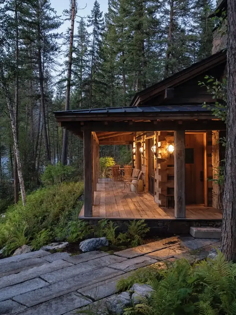 Timber cabin in forest with glowing porch and stone path