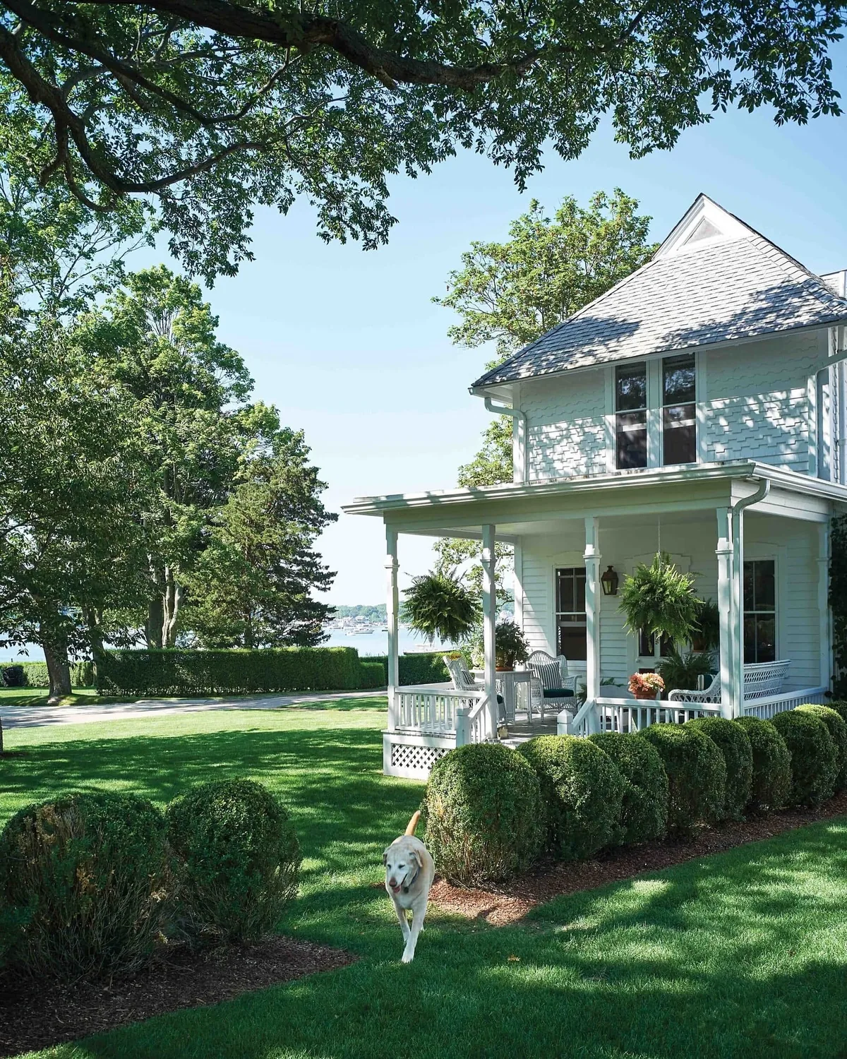 Pale green Victorian porch with lawn and hedges