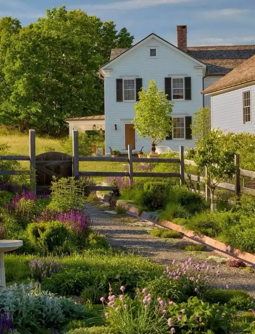 White farmhouse with black shutters on an open hillside meadow