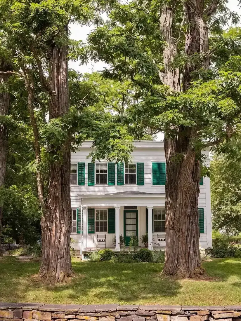 White farmhouse with deep green shutters beneath giant mature shade trees