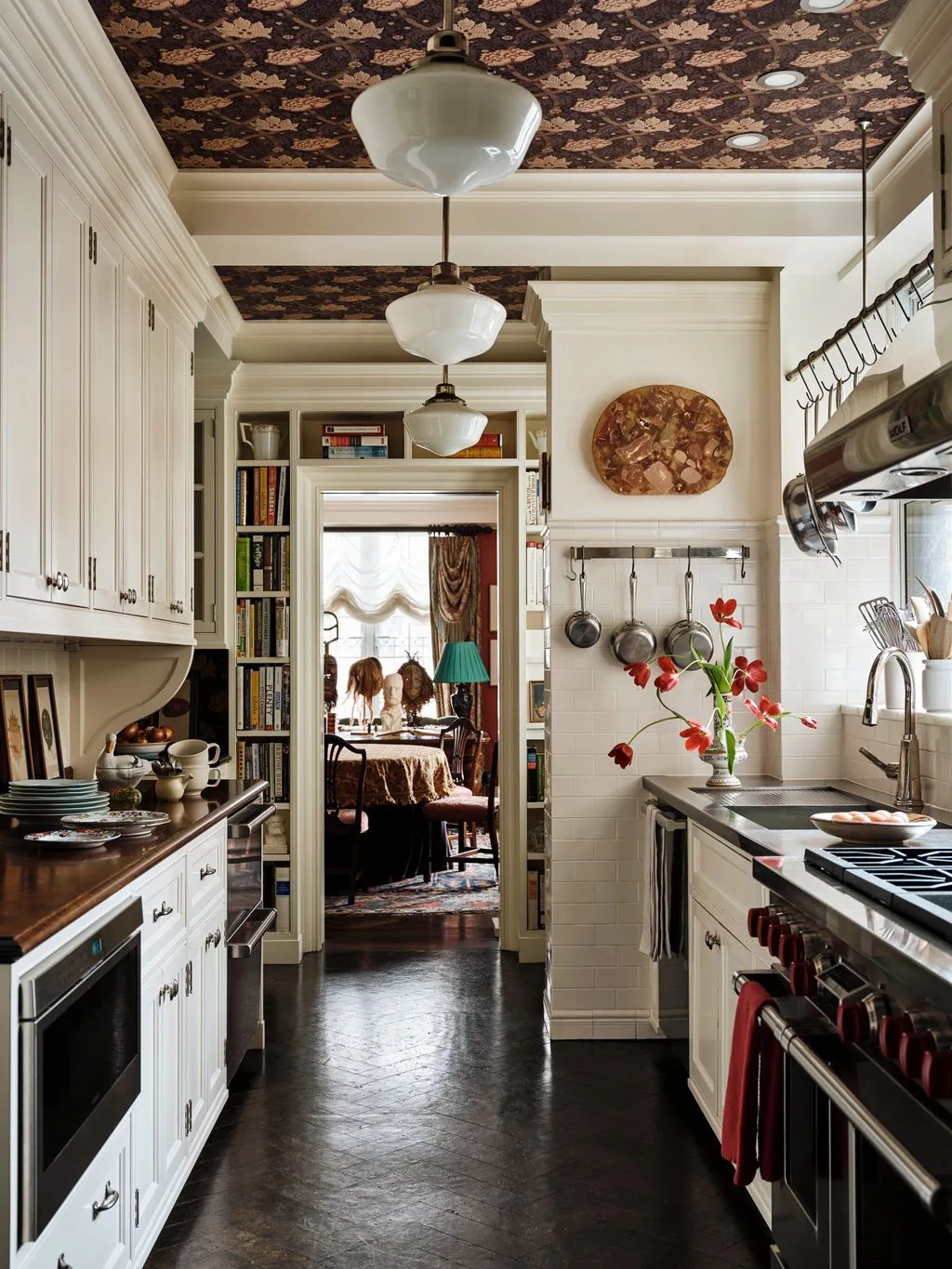 Vintage white kitchen with a patterned ceiling