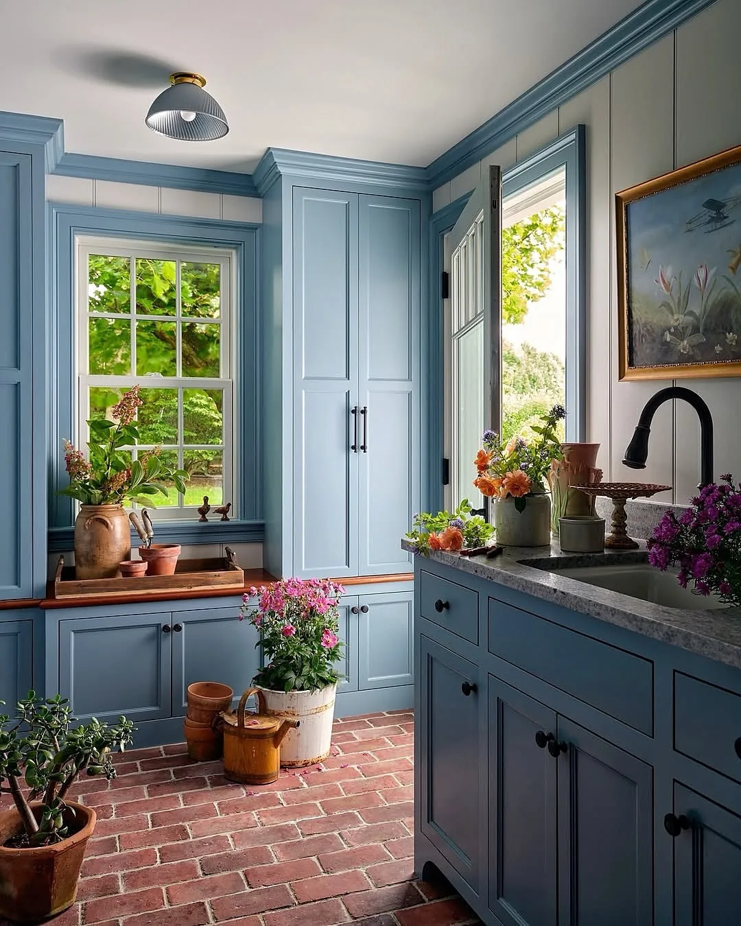 Blue cottage kitchen design with open shelving