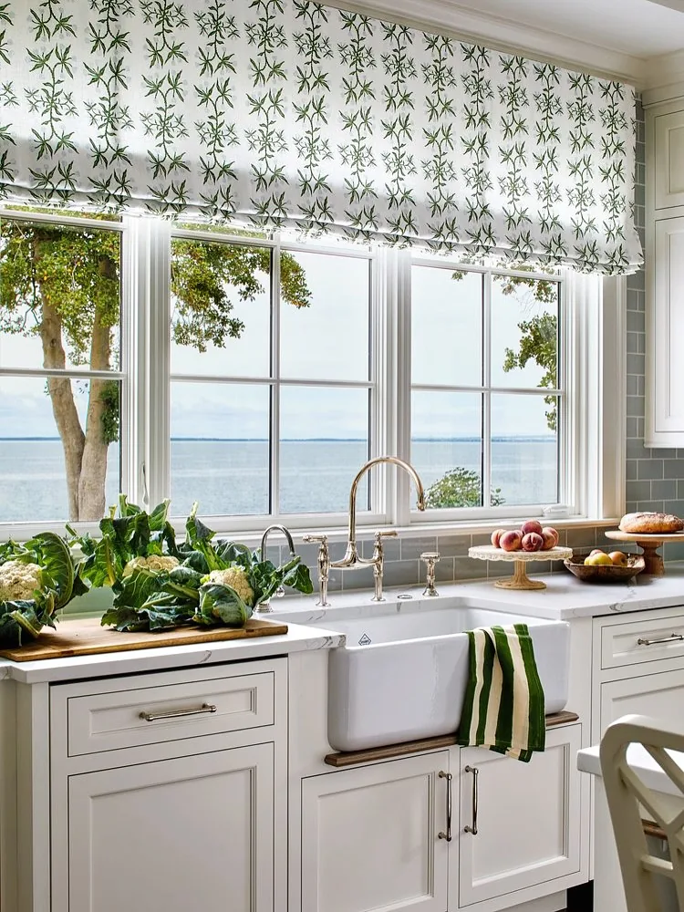 Coastal kitchen window with a valance
