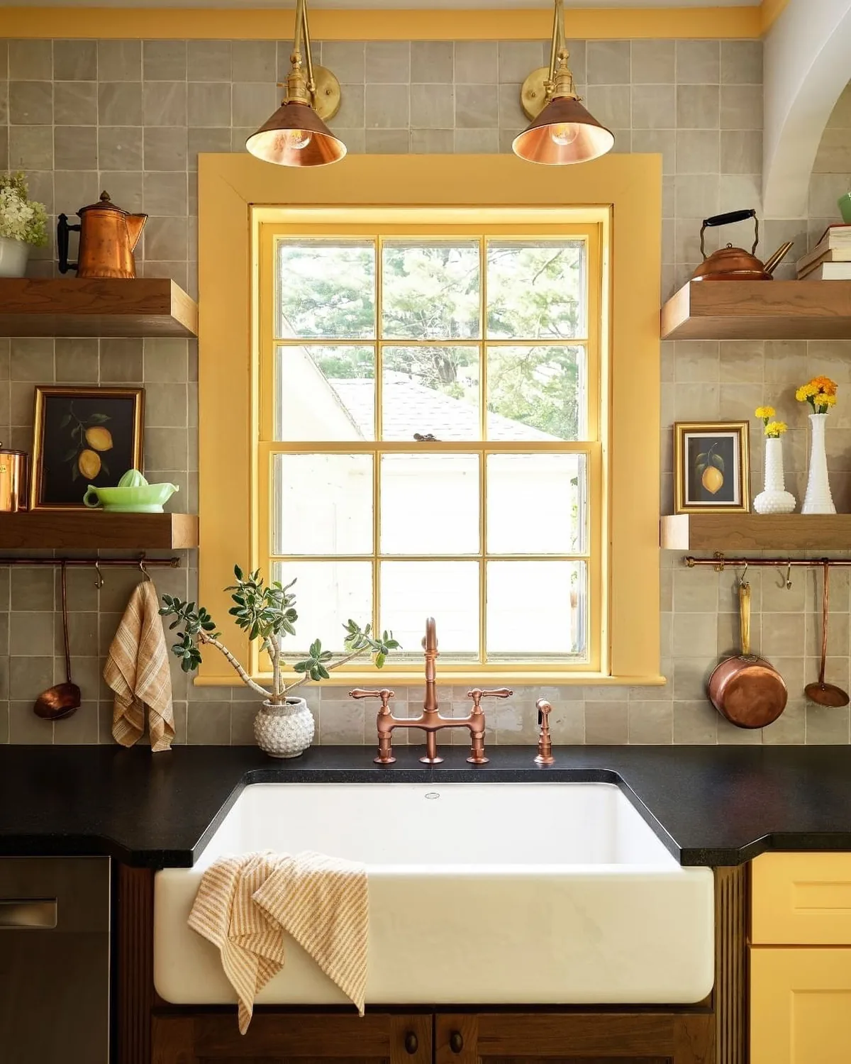 Farmhouse kitchen with yellow window trim