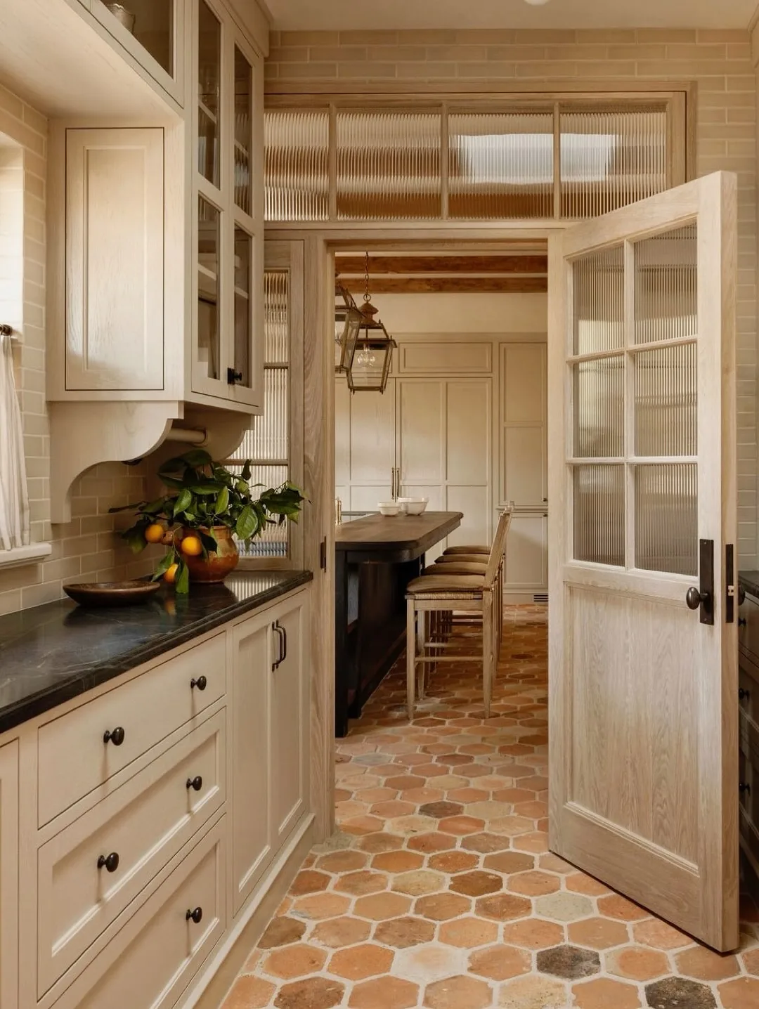 French country kitchen cabinets with a pantry