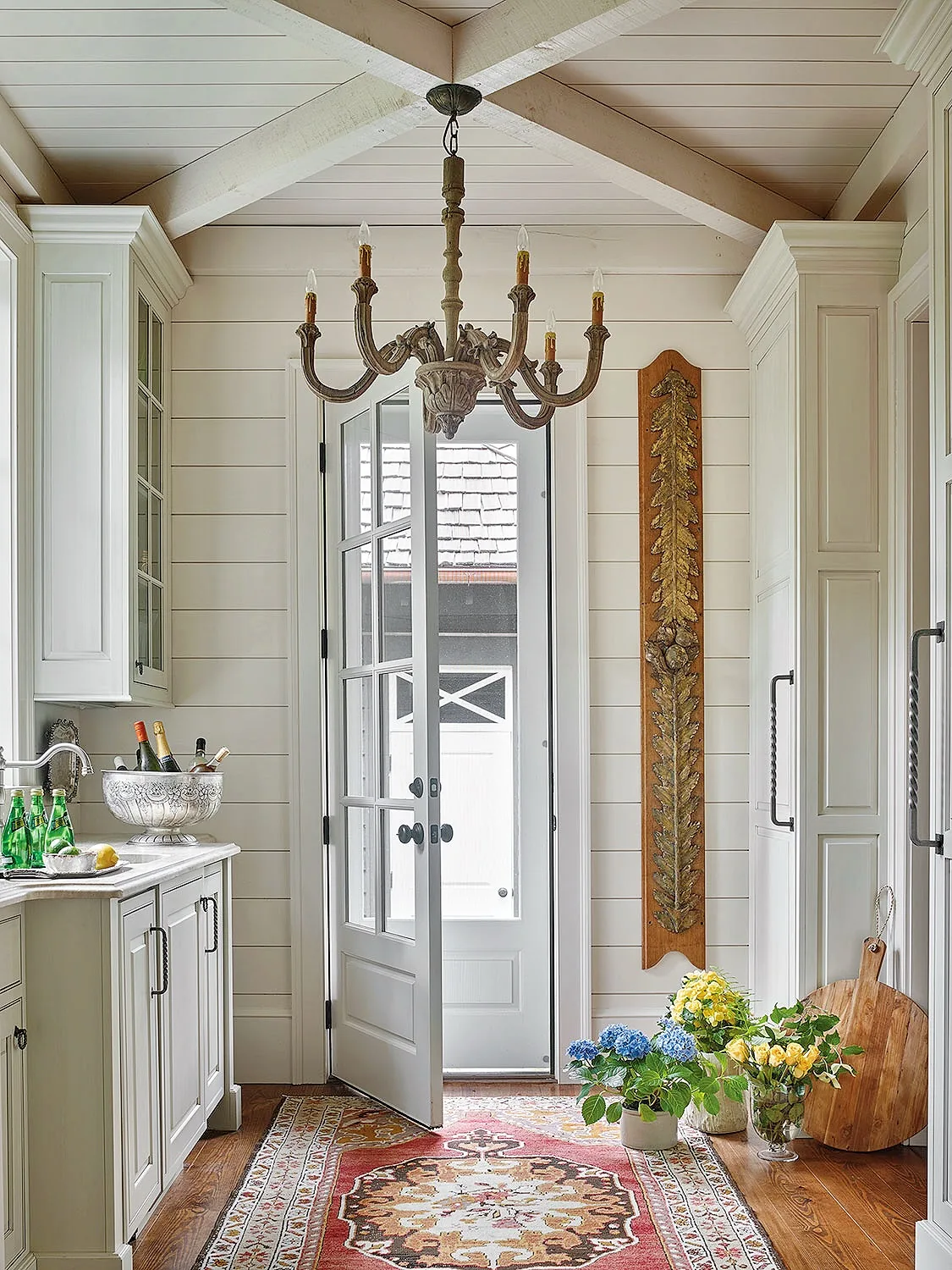 White farmhouse pantry with shiplap walls