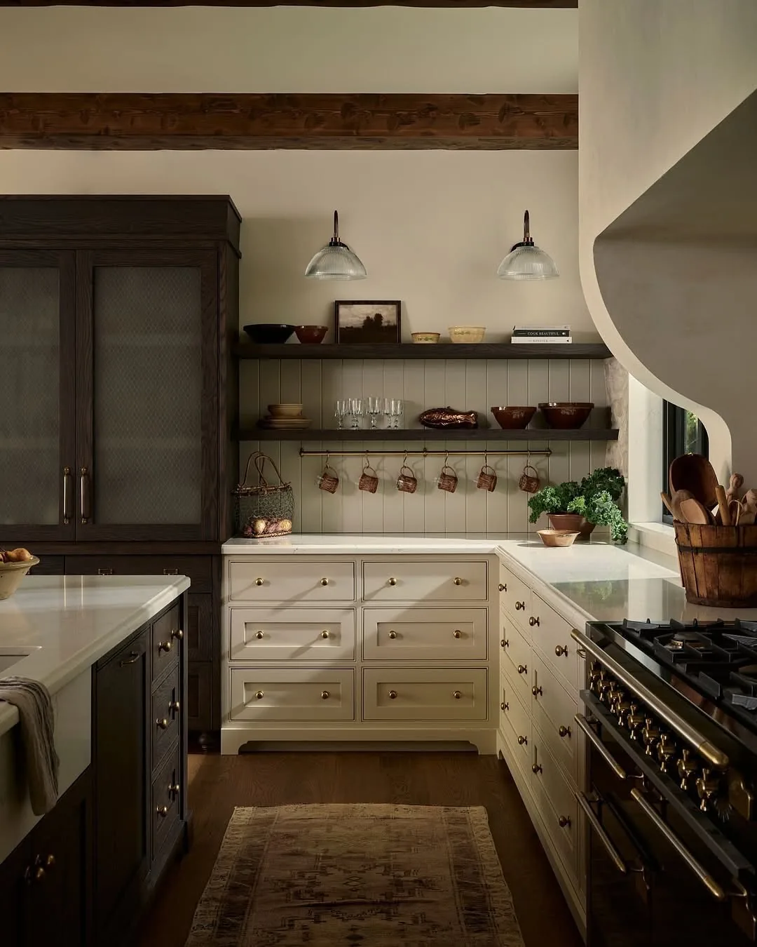 Farmhouse kitchen with dark wood cabinets