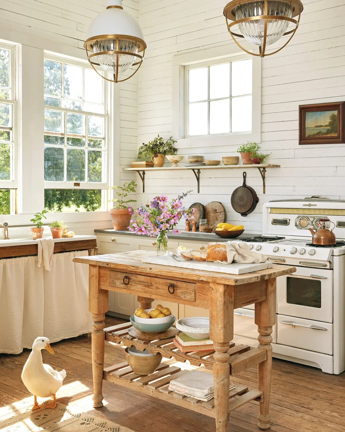 Rustic farmhouse kitchen design with open shelves