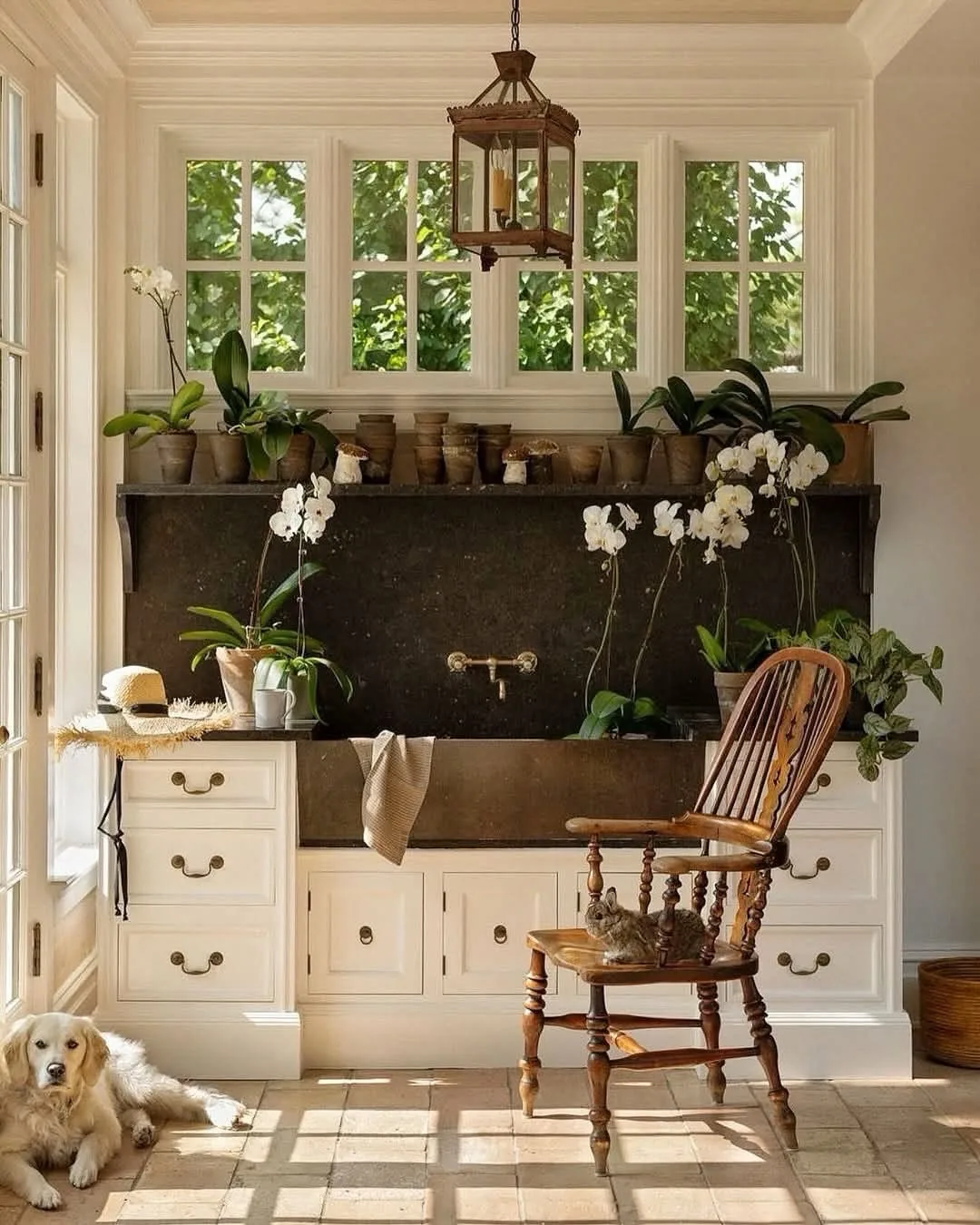 English country stone sink in a farmhouse kitchen