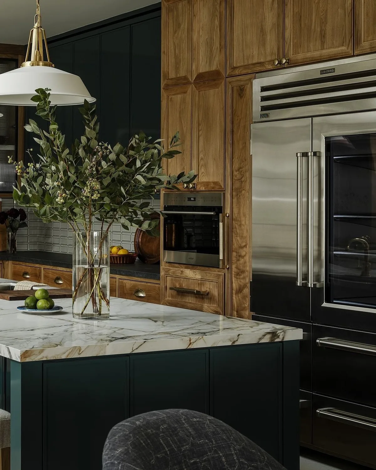 Dark green wood kitchen cabinets