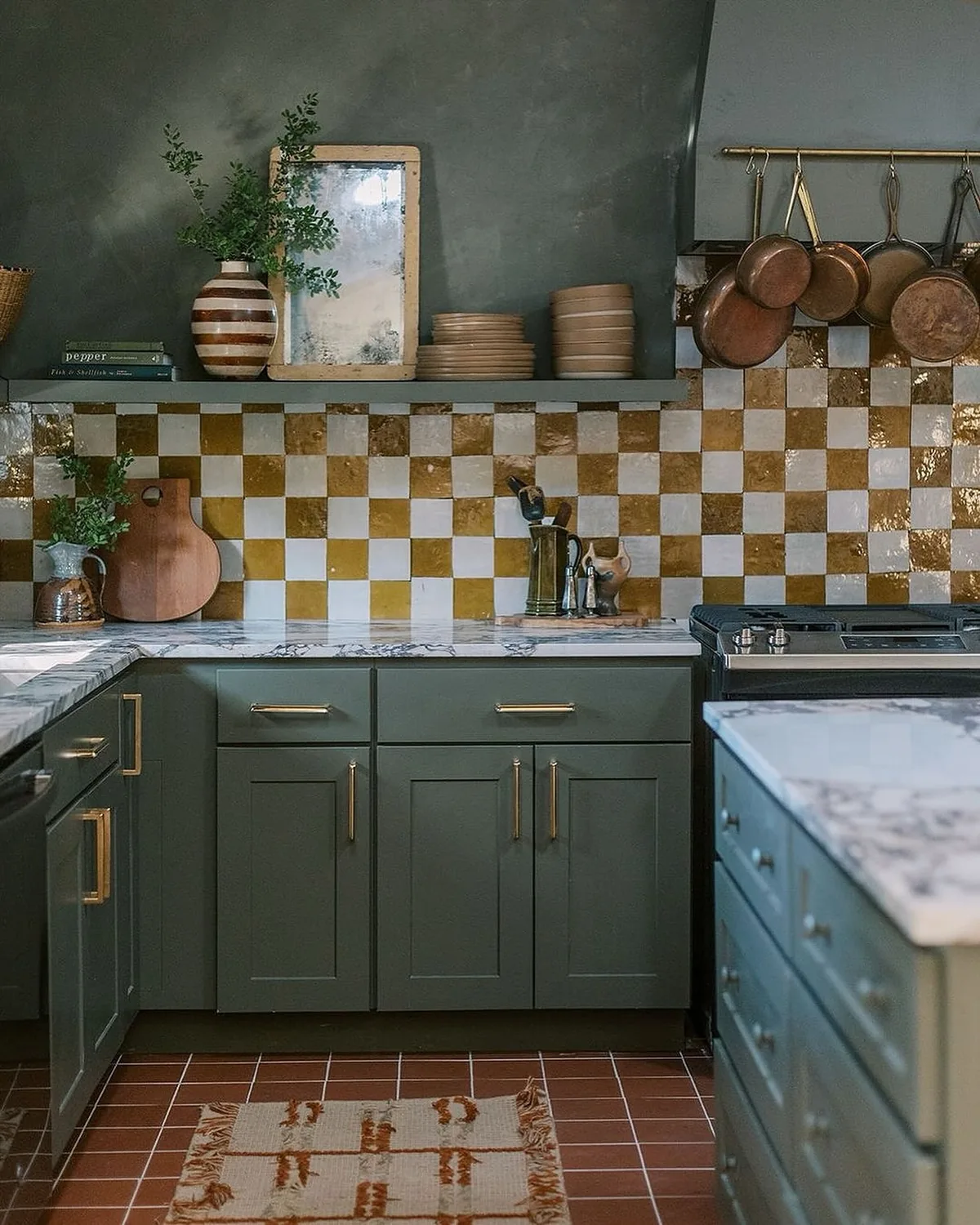 Green kitchen with yellow checkered tile