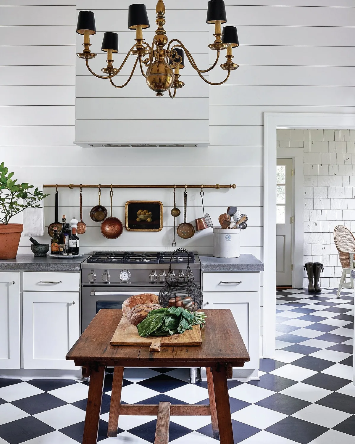 French country kitchen with a checkered floor