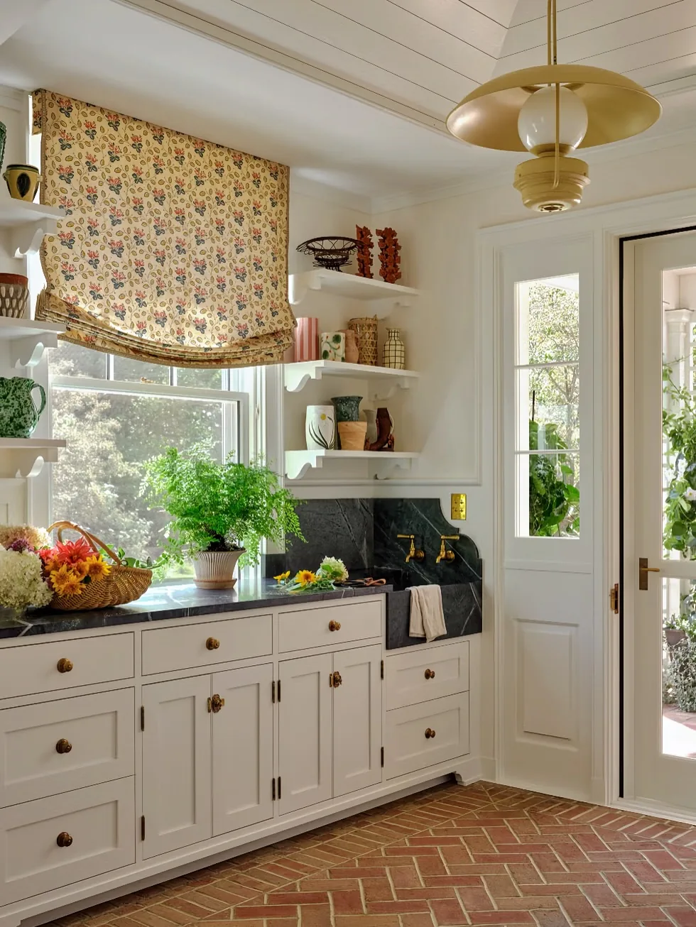 Vintage cottage kitchen with brick floors
