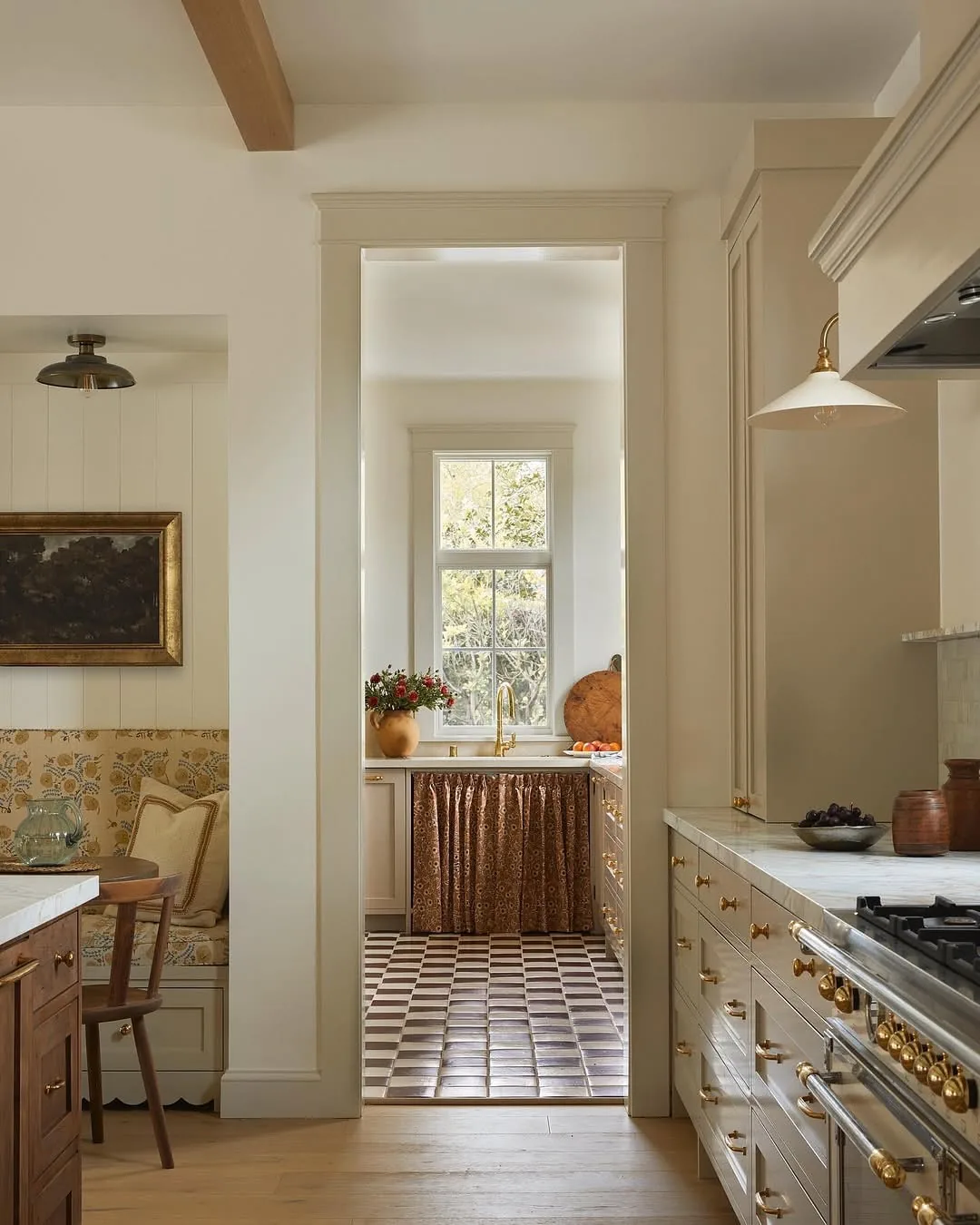 Vintage cream kitchen with a checkered floor