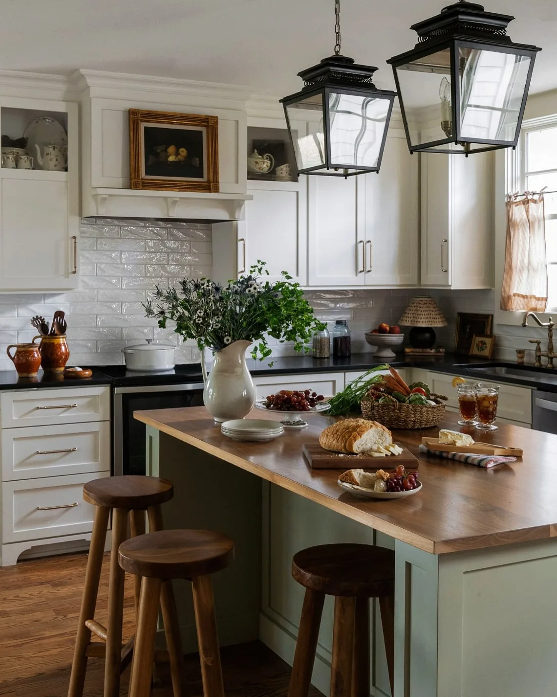 Farmhouse kitchen island with wood stools