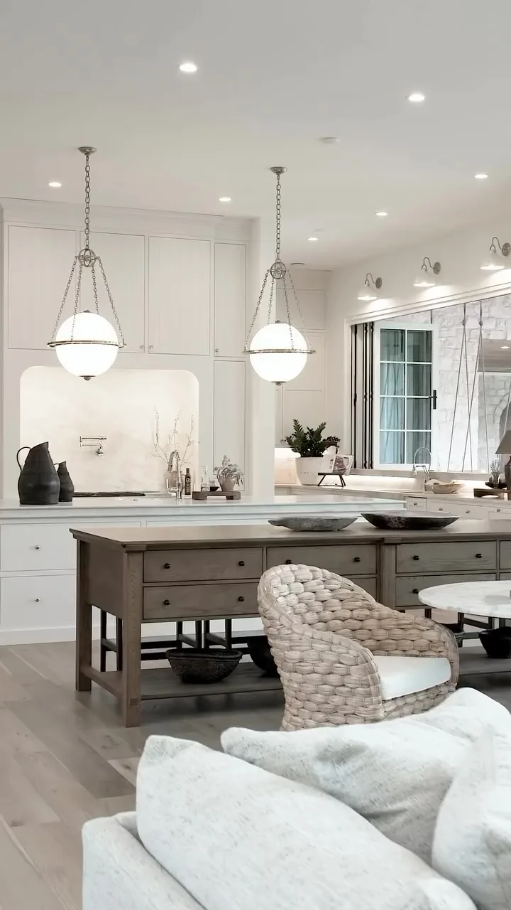 Modern white kitchen island with pendant lights