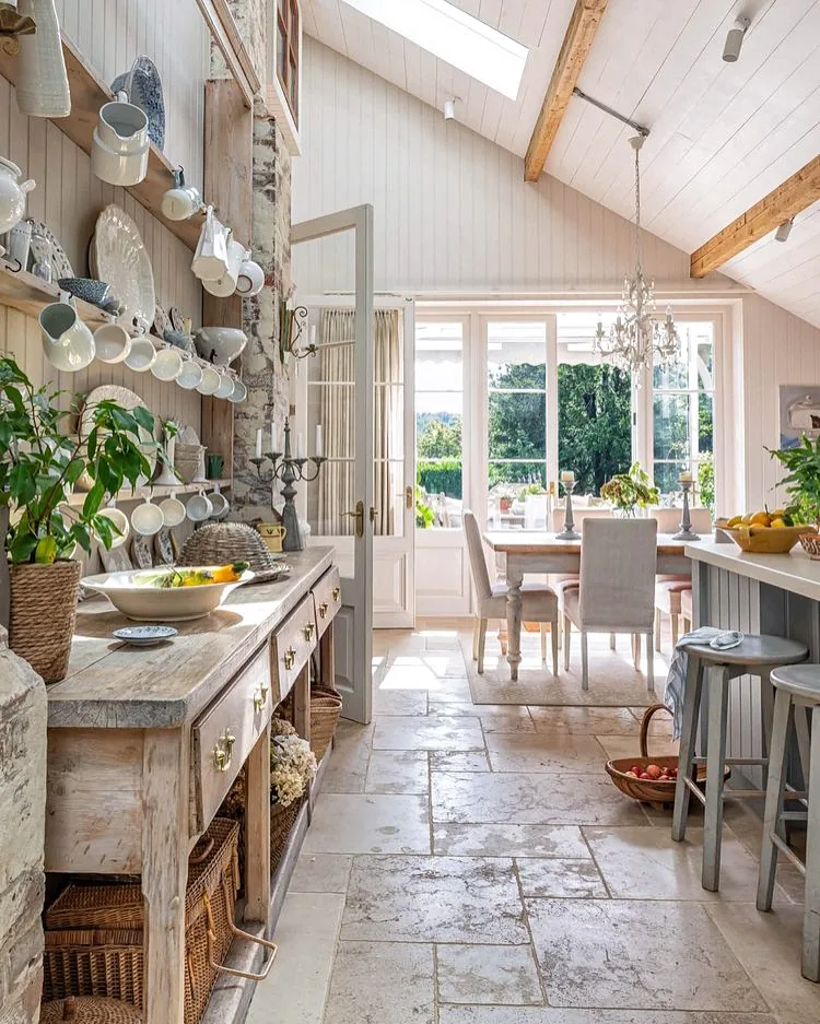 French country kitchen with open shelving