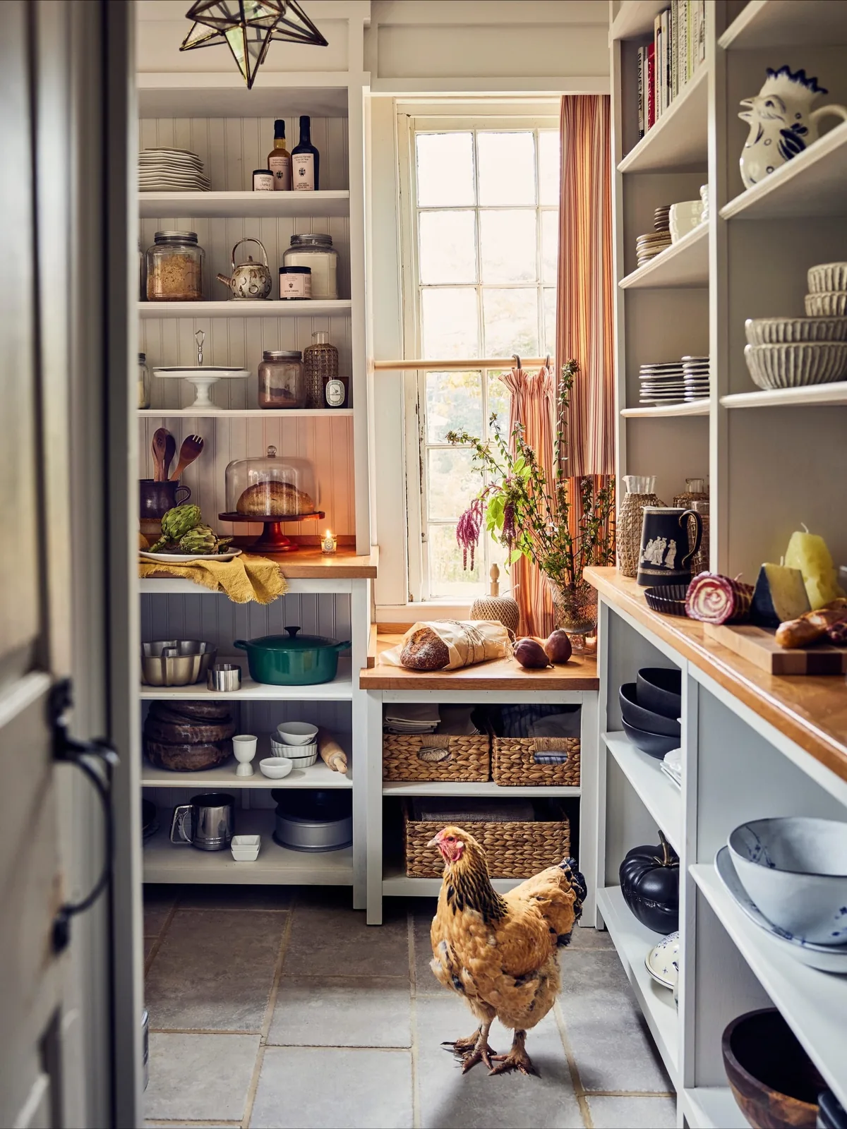 Rustic farmhouse kitchen with open shelving