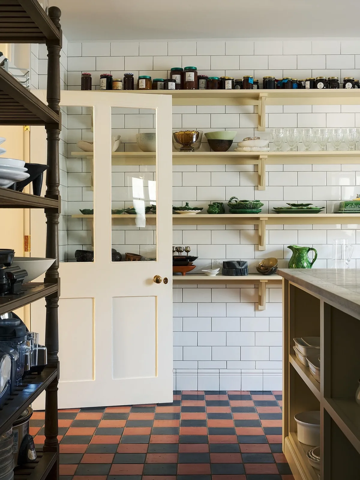 Vintage farmhouse kitchen with open shelving