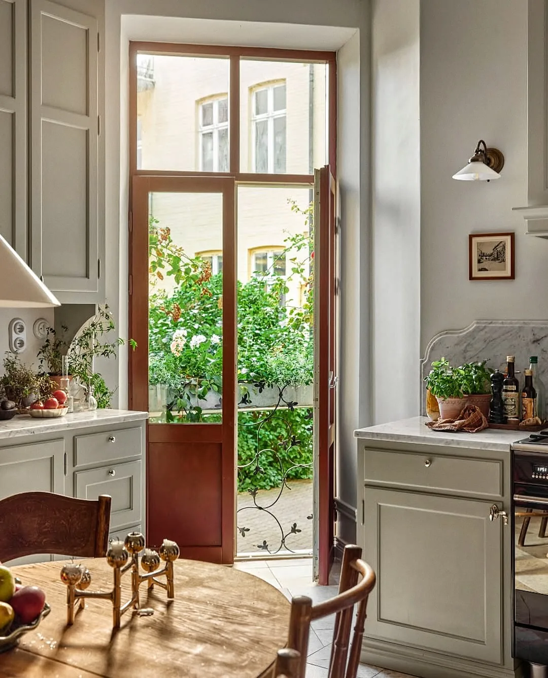 French country kitchen with a garden view