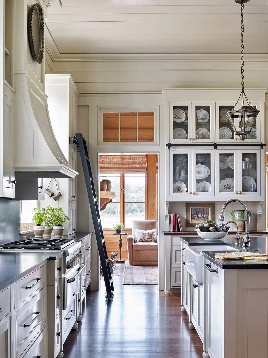 White kitchen with a library ladder and glass cabinets
