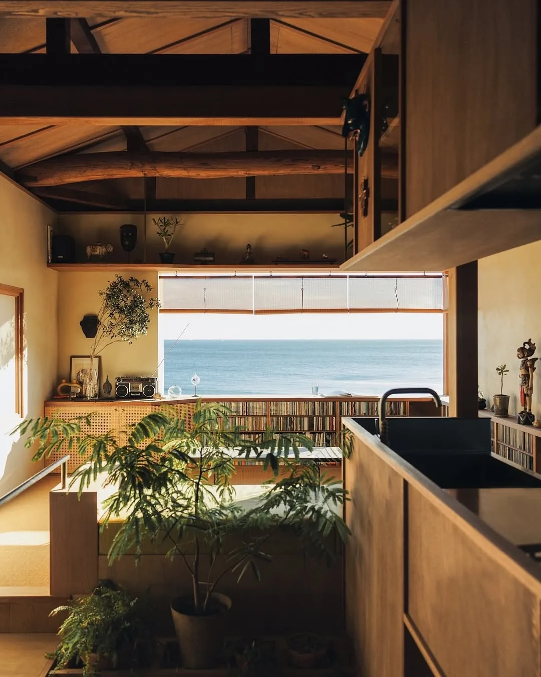 Ocean view kitchen with wood cabinets