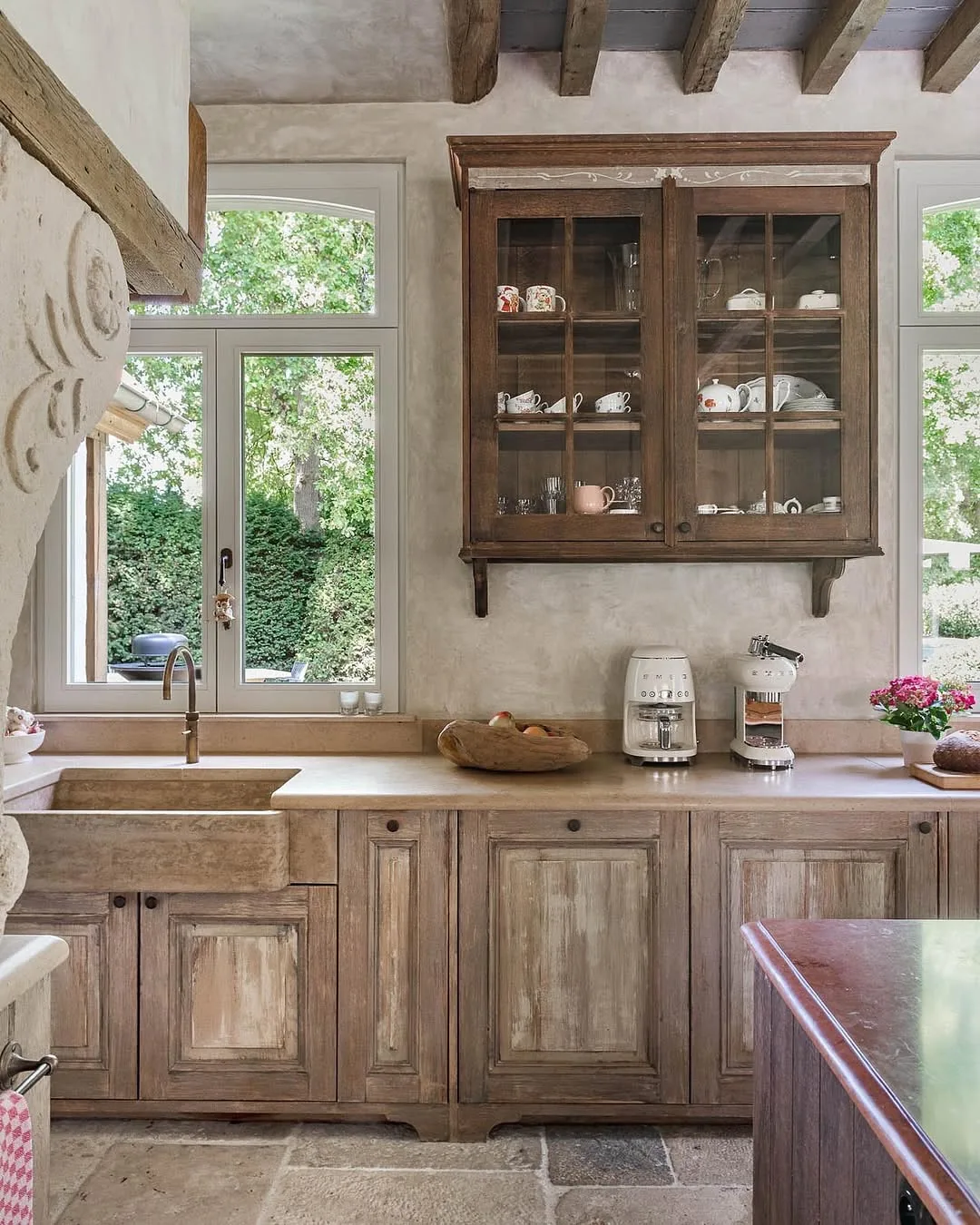 Rustic farmhouse kitchen with wood cabinets