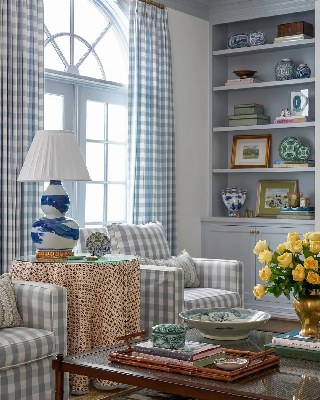 Blue and white gingham living room