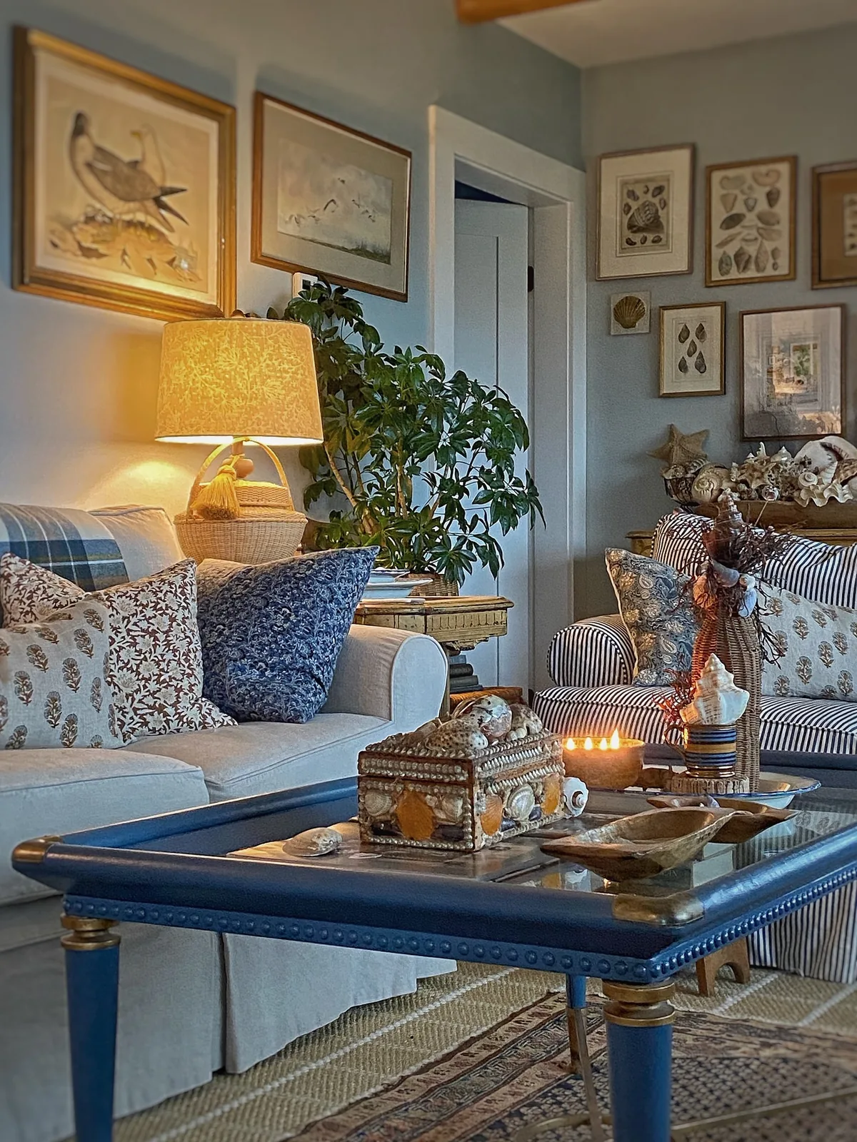 Blue and white living room decor with coastal touches