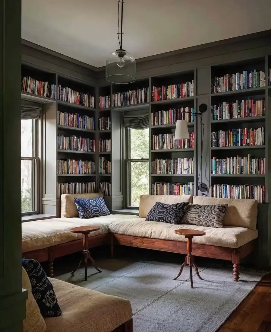 Cozy home library with built-in bookshelves and window seat with cushions