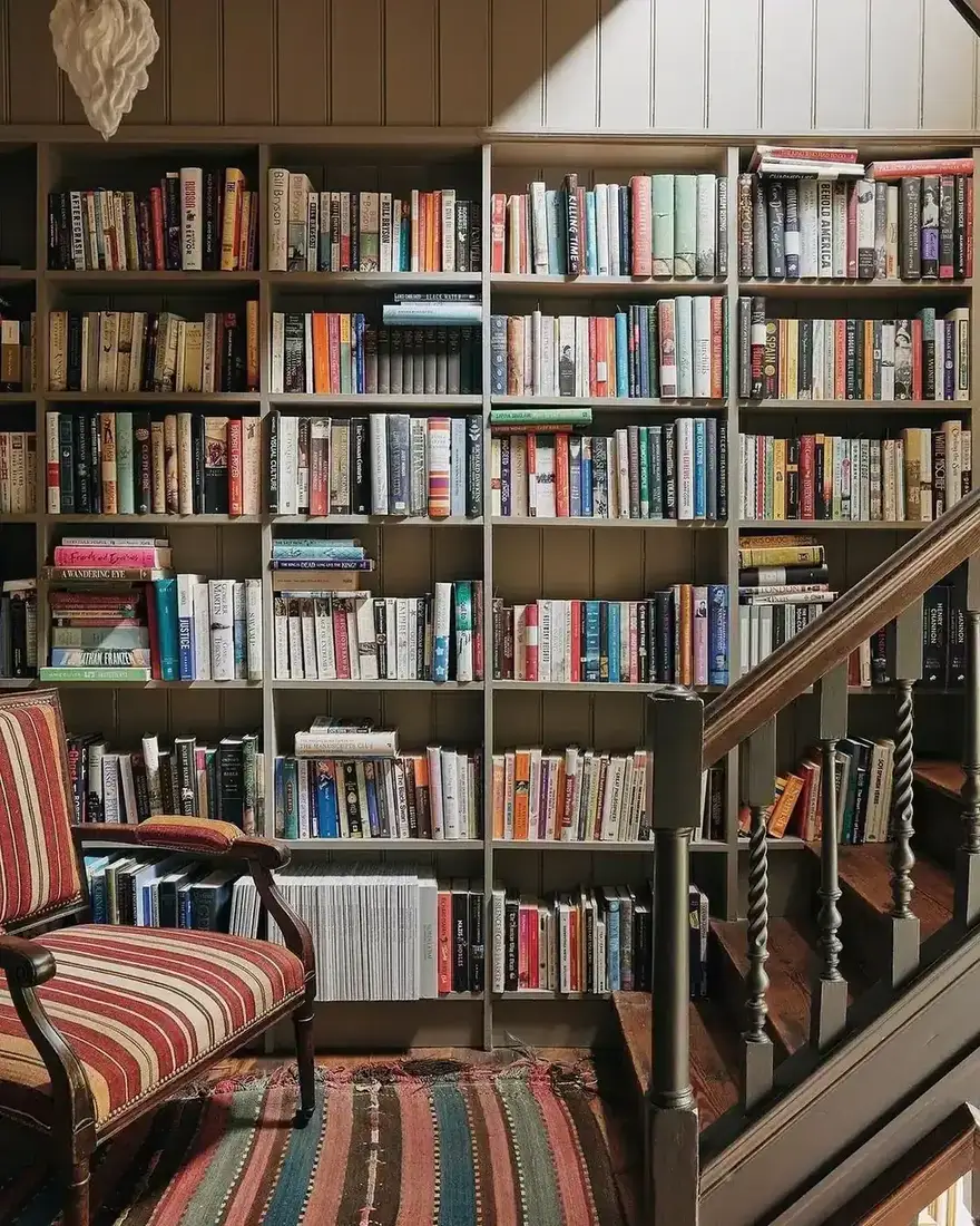 Cozy reading nook with built-in bookshelves and calm decor at eye level