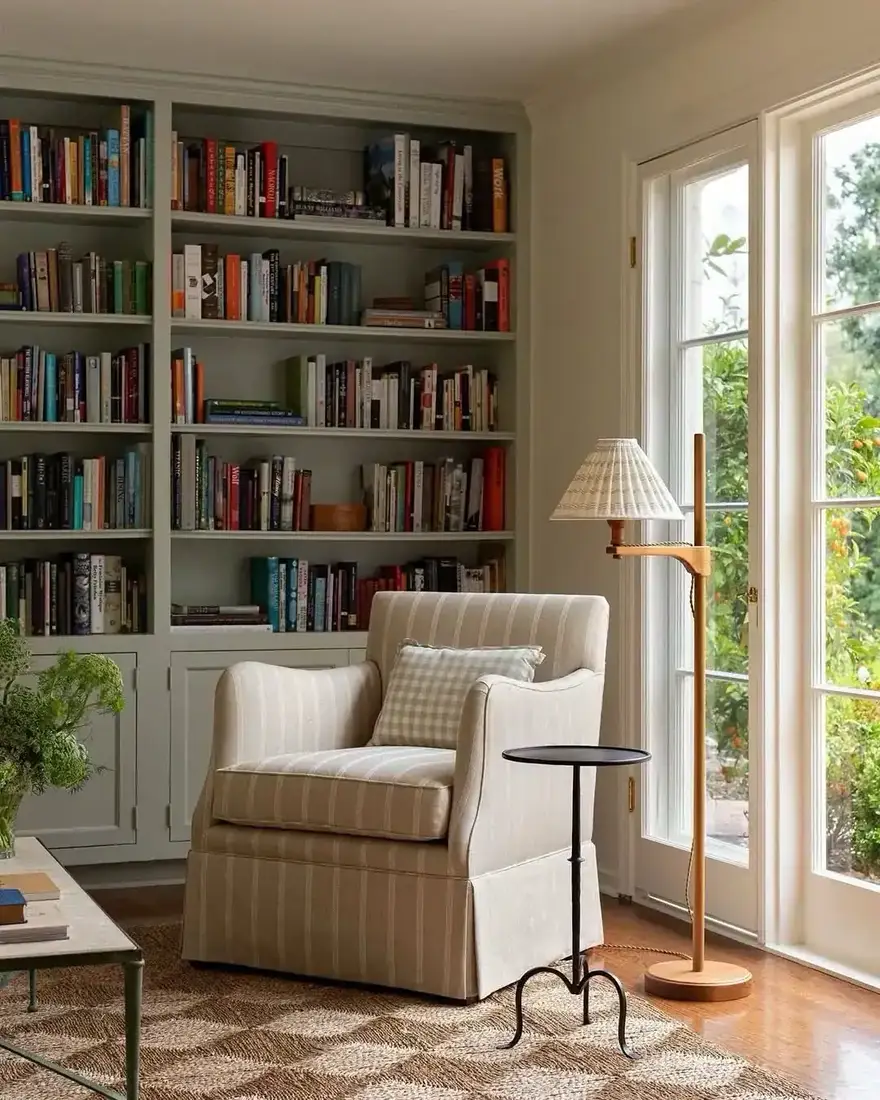 Cozy reading nook with bookshelves and warm lamp light