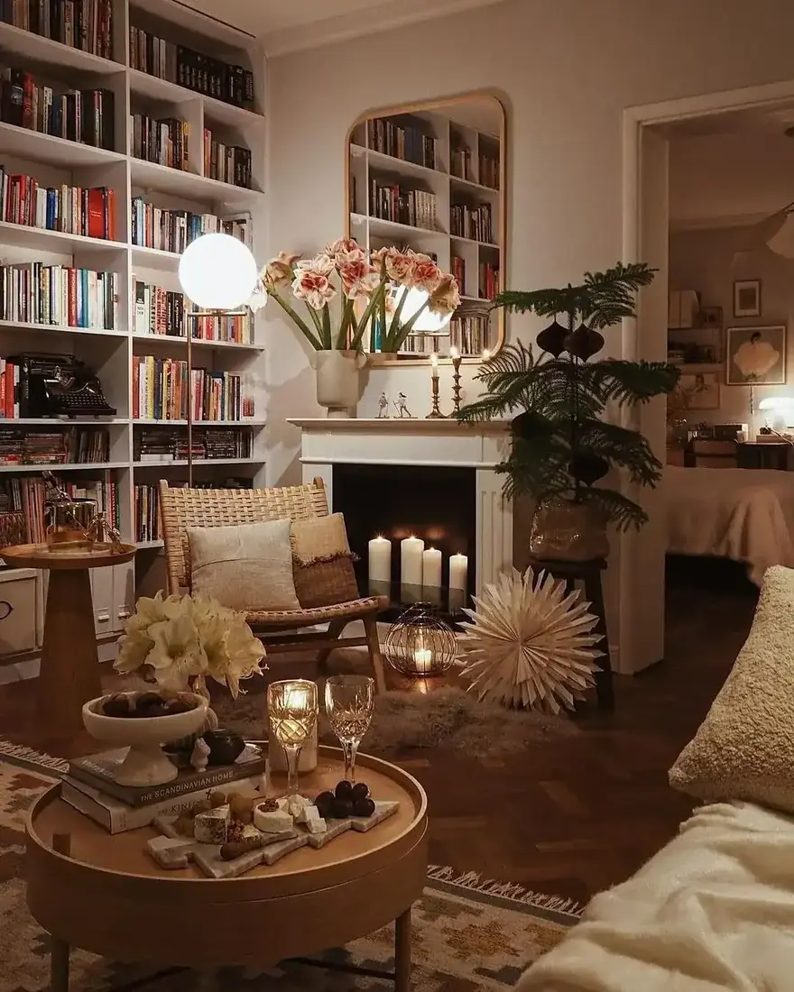 Cozy vintage bookshelf living room with mixed heights and air