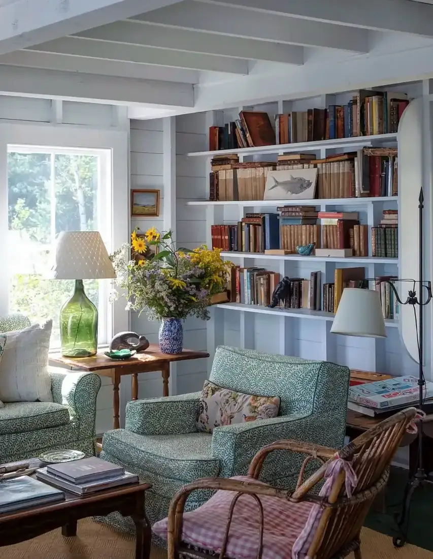 Cozy green living room with painted built-in bookshelves and armchairs