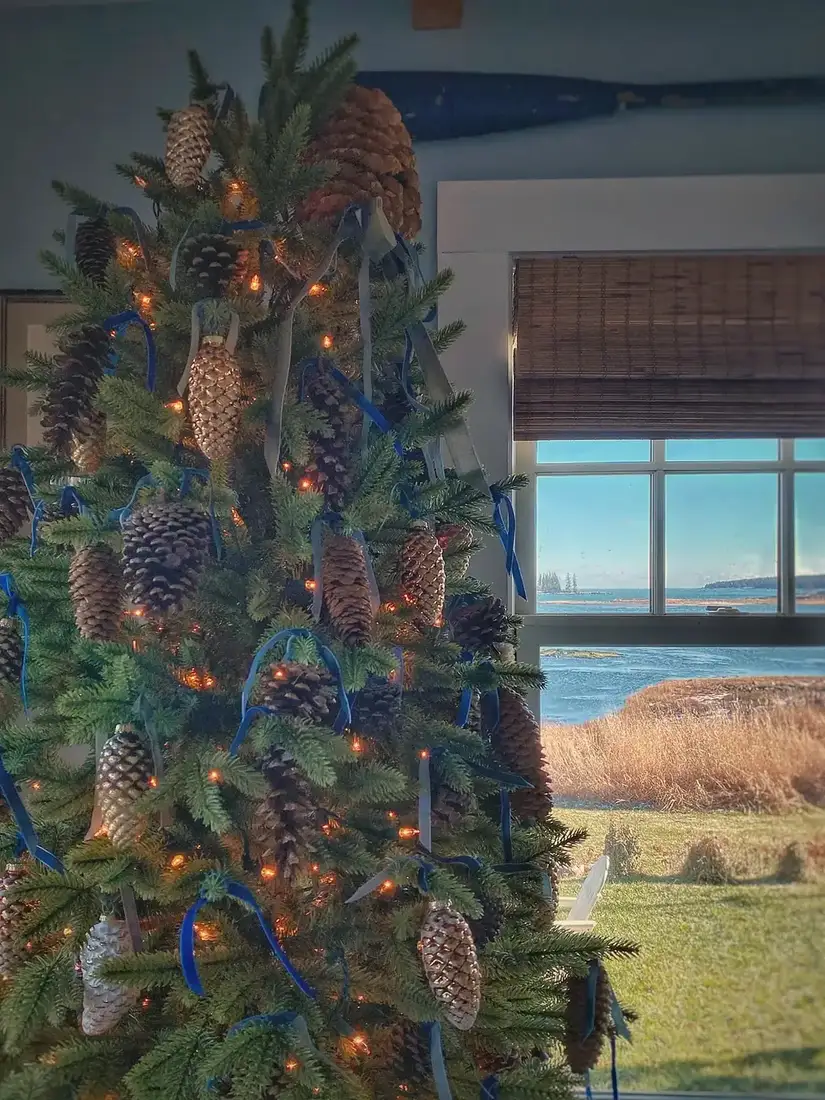 Coastal Christmas tree with pinecone ribbons in a living room with coastal decor