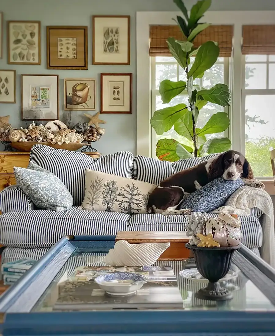 Cottage living room with blue striped sofa, white walls and timber accents