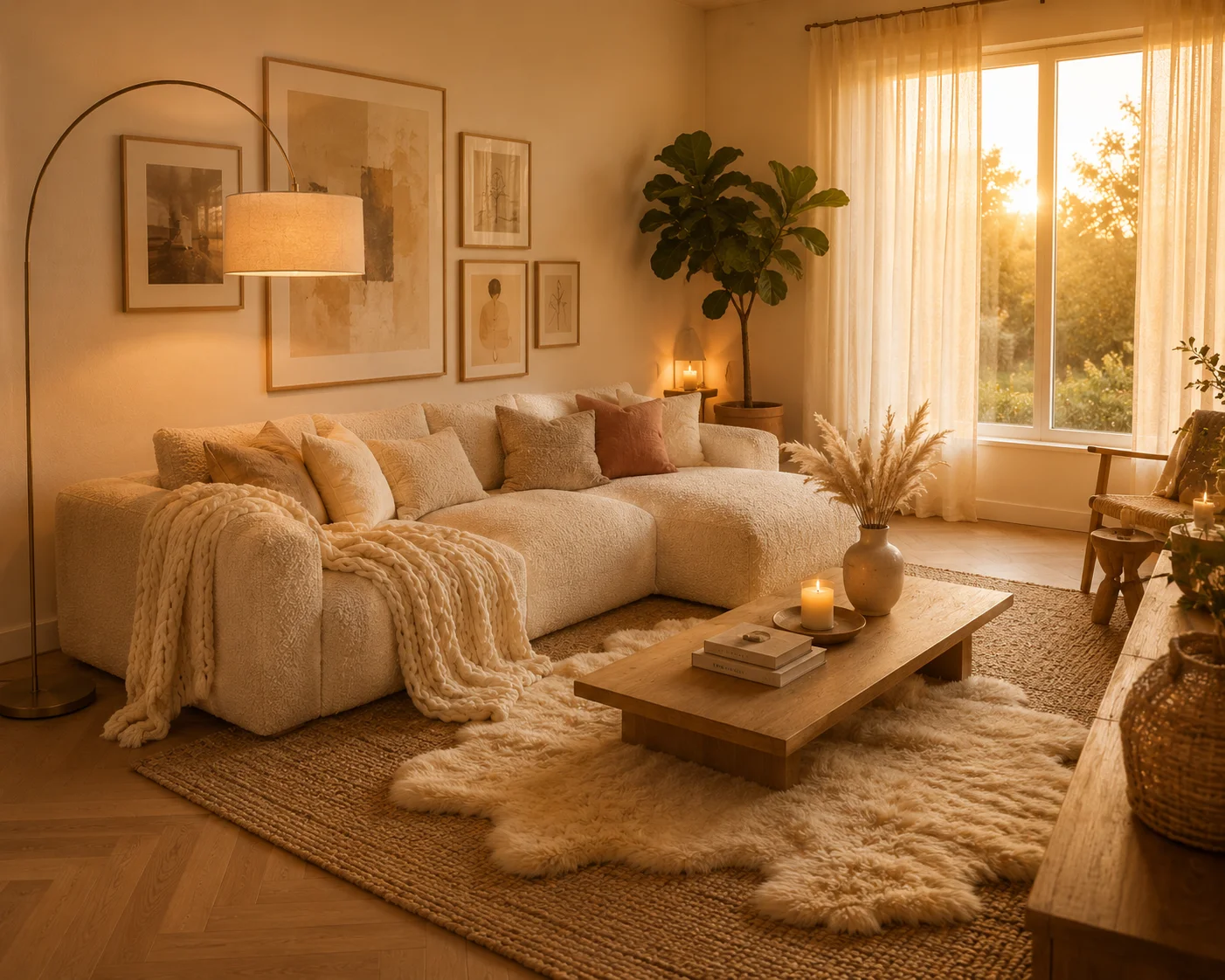 Cozy Scandinavian living room at golden hour with a cream bouclé sofa, chunky knit throw, sheepskin rug, and warm lamp light