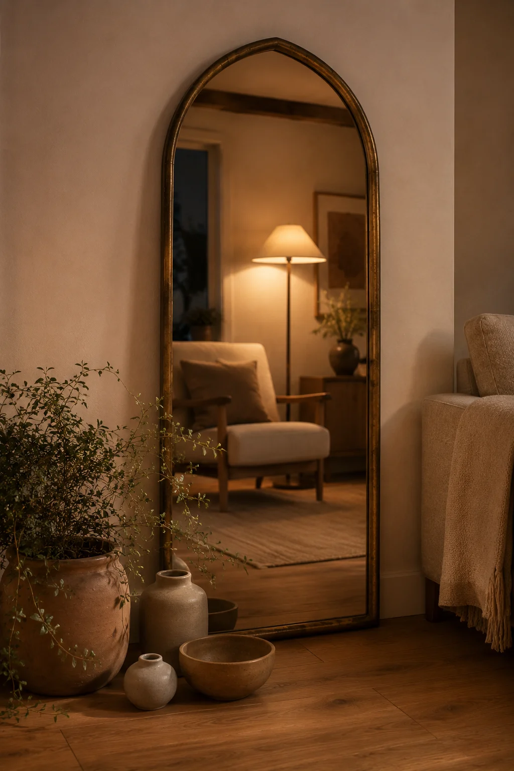 A large arched brass mirror leaning against a warm plaster wall, reflecting a lamp-lit armchair to extend the room
