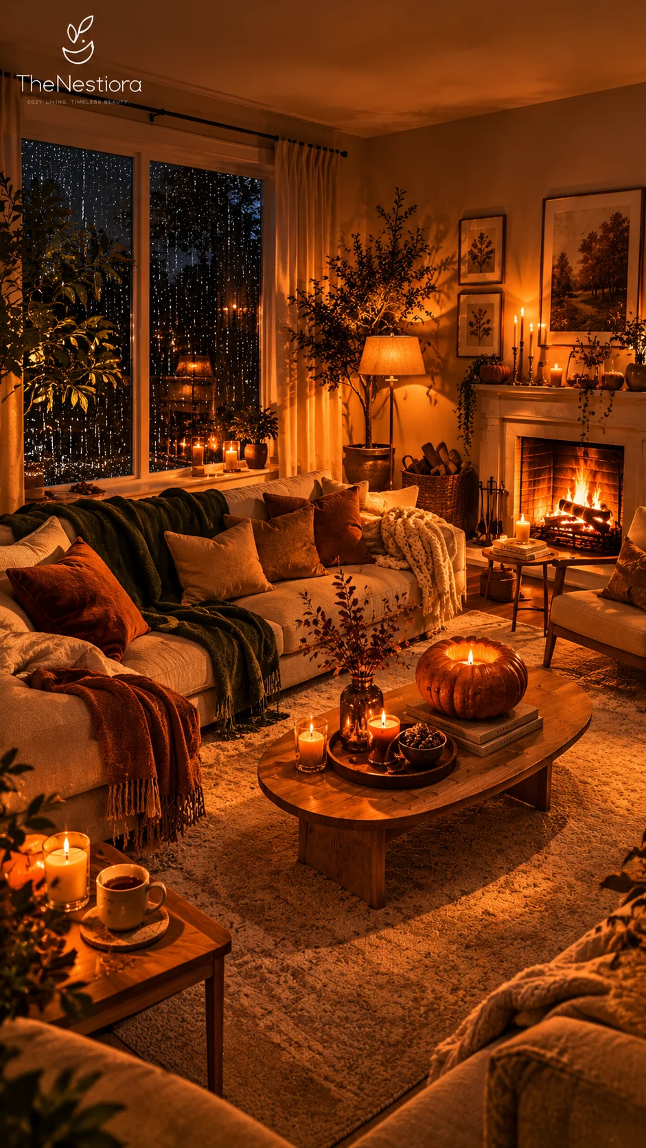A living room dressed for a deep autumn evening — a roaring fire, layered throws, deep cushions, and candlelight against a rainy night window