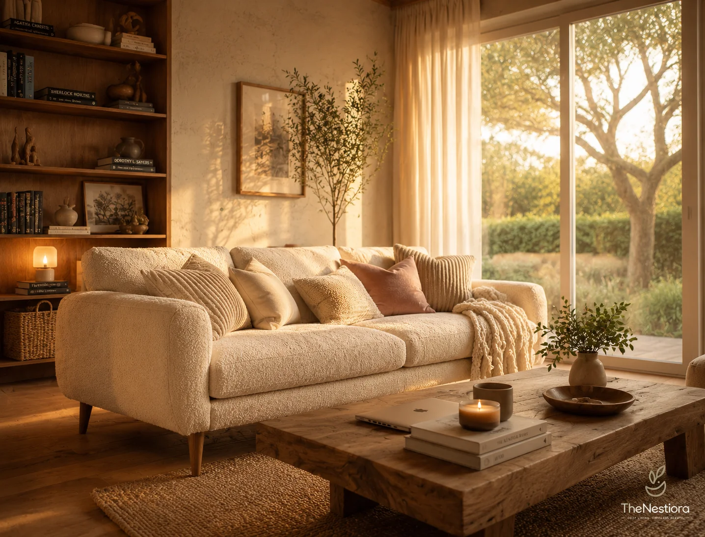 Cozy living room at golden hour with a cream bouclé sofa, layered throws, oak coffee table, and warm lamp light