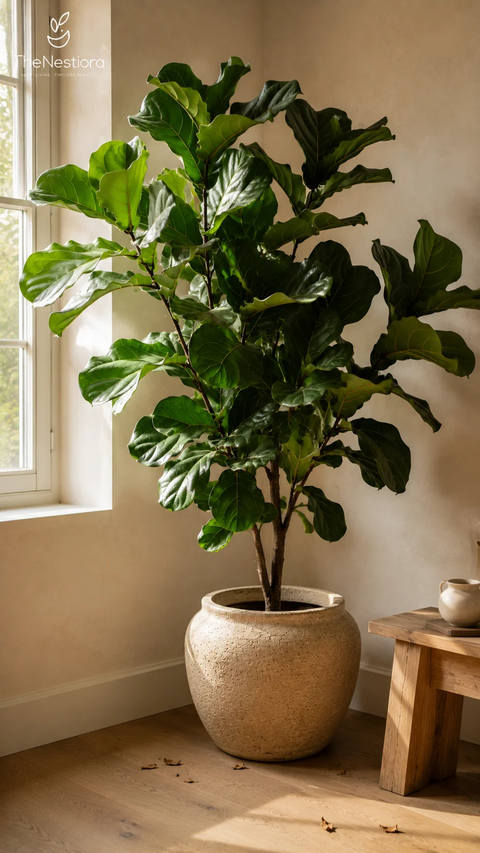 A large fiddle leaf fig in a warm sand ceramic pot anchoring a sunlit living room corner
