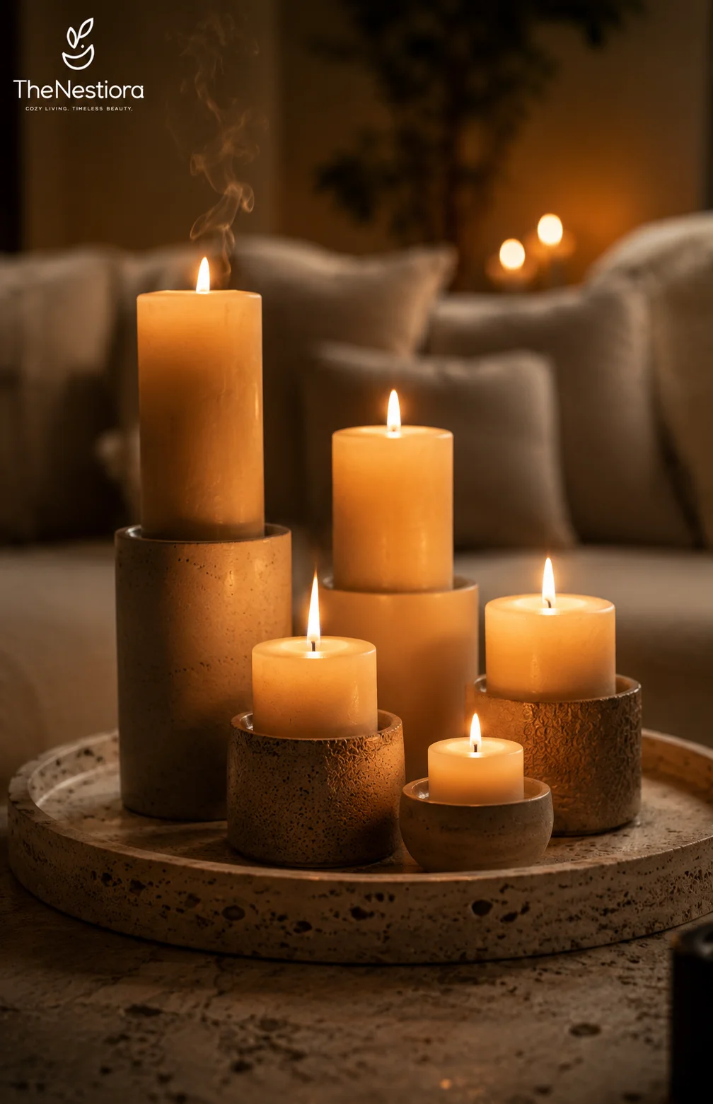 Pillar candles creating warm ambient light in a neutral setting