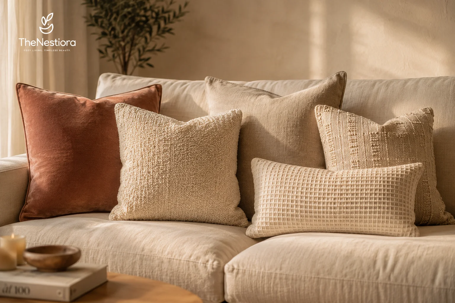 Five distinct textures layered in a neutral living room seating area