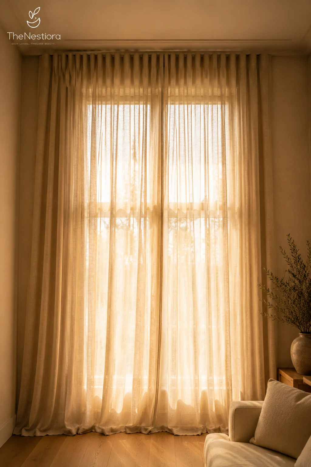 Floor-to-ceiling natural linen curtains backlit by warm afternoon sun, pooling gently on a wood floor