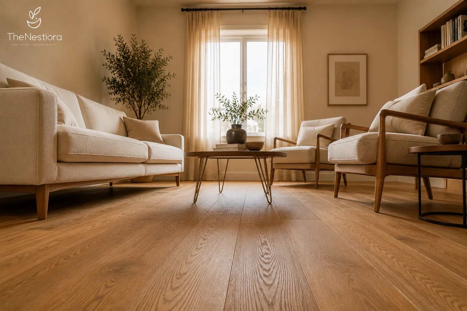 A floor-level view showing continuous oak flooring beneath a sofa, armchairs, and a hairpin-leg coffee table