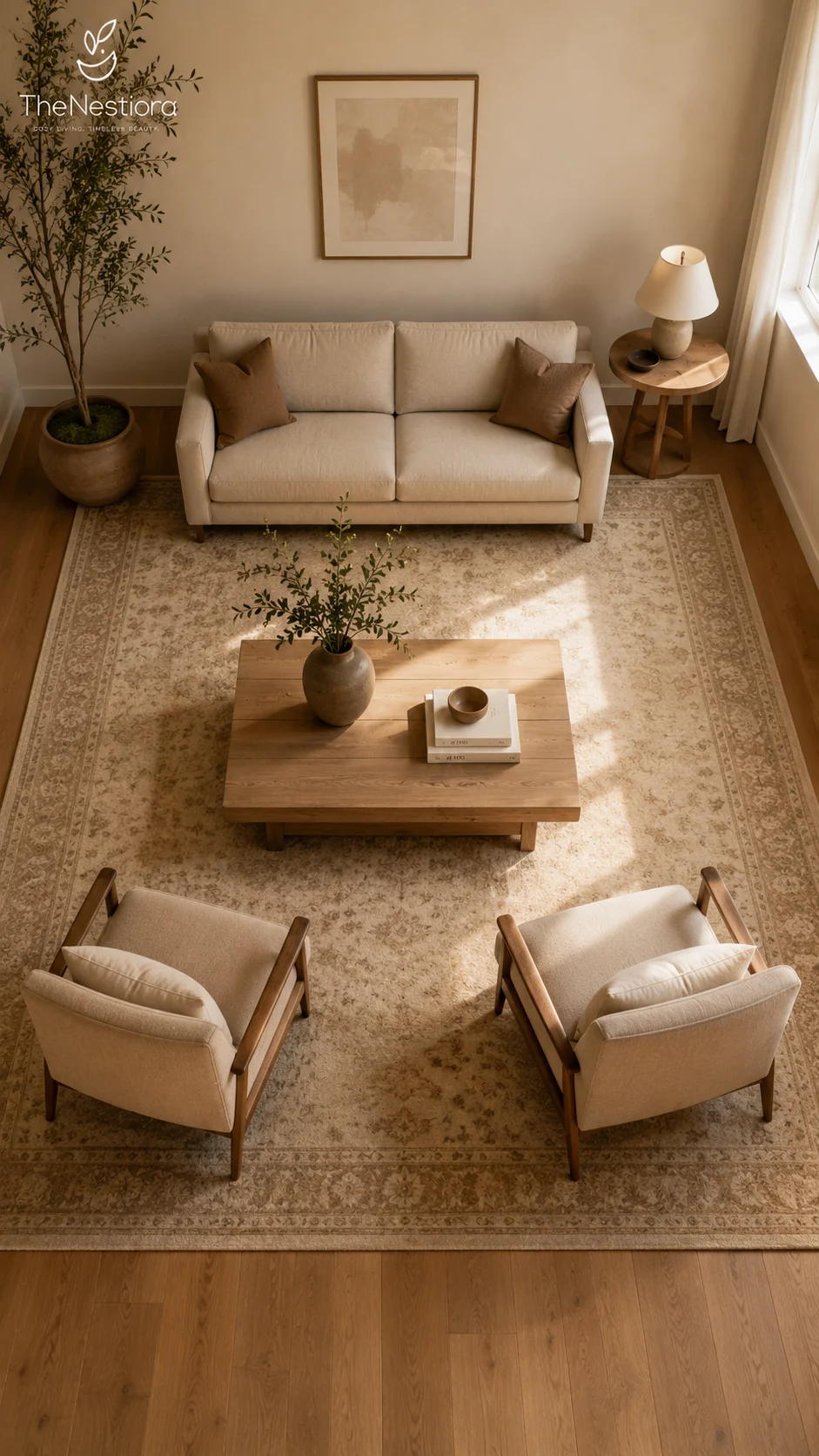 An overhead view of one large rug unifying a sofa, two armchairs, and a coffee table in a small living room