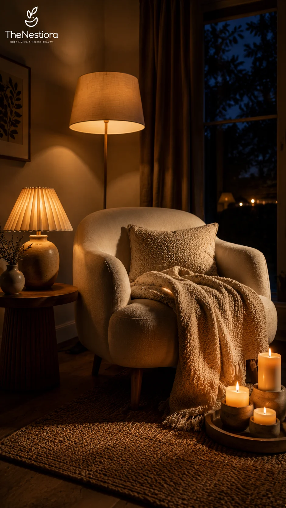 An evening corner lit at three heights — a floor lamp, a table lamp, and candles on a tray beside a bouclé armchair