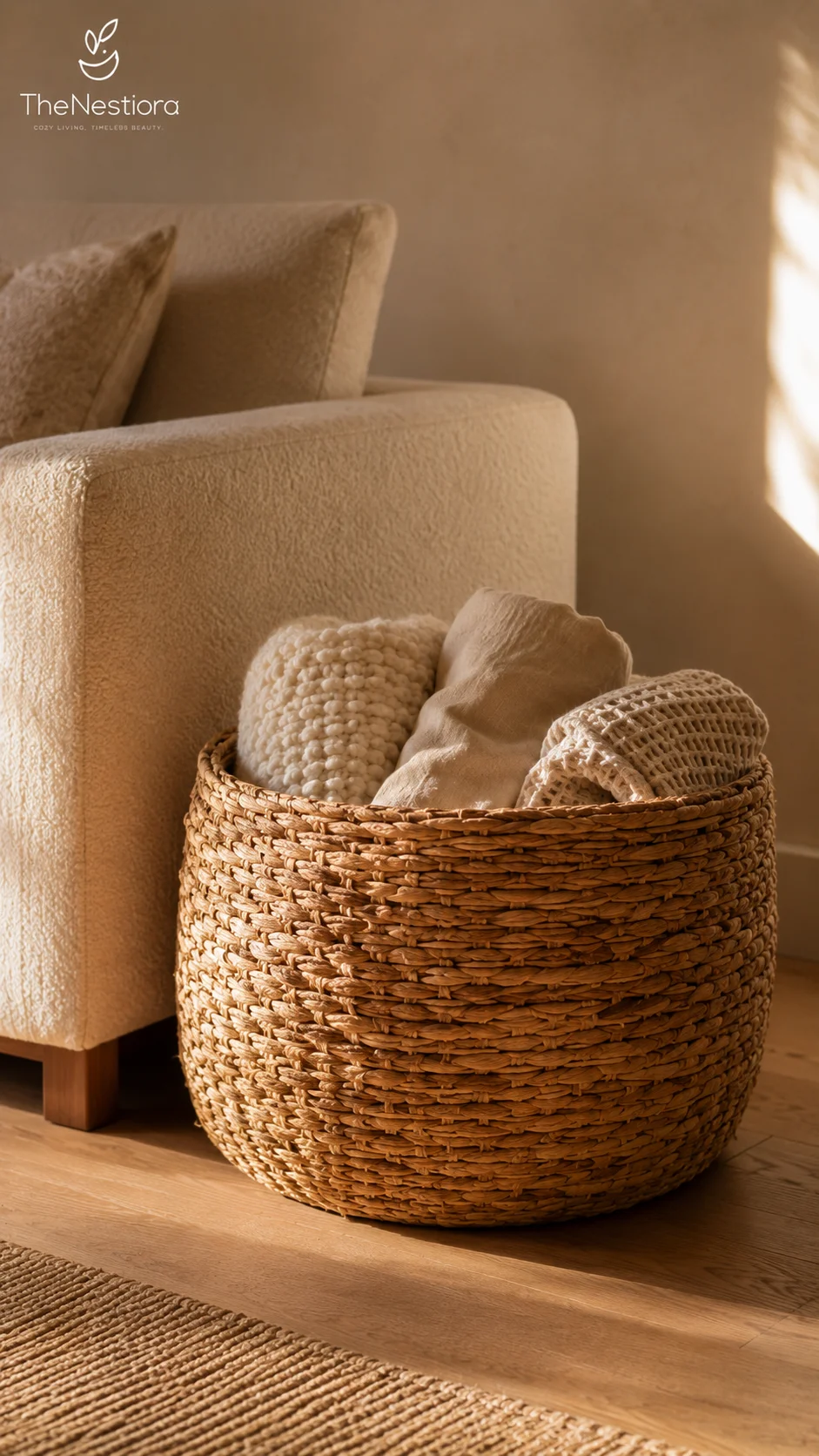 A large round seagrass basket beside a bouclé sofa, filled with rolled throws in cream, sand, and oatmeal