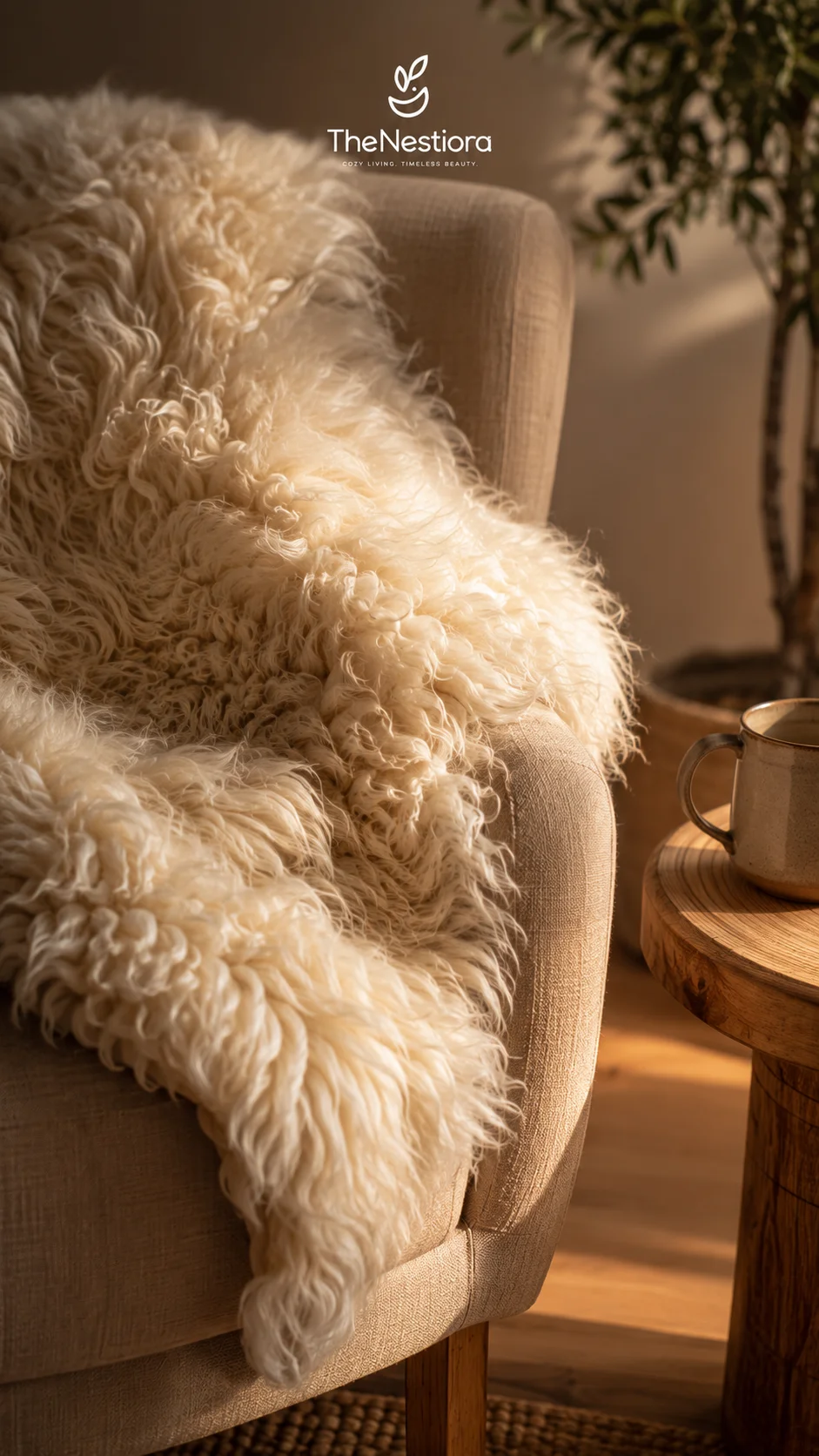 A genuine off-white sheepskin draped over the arm and seat of a warm sand linen armchair