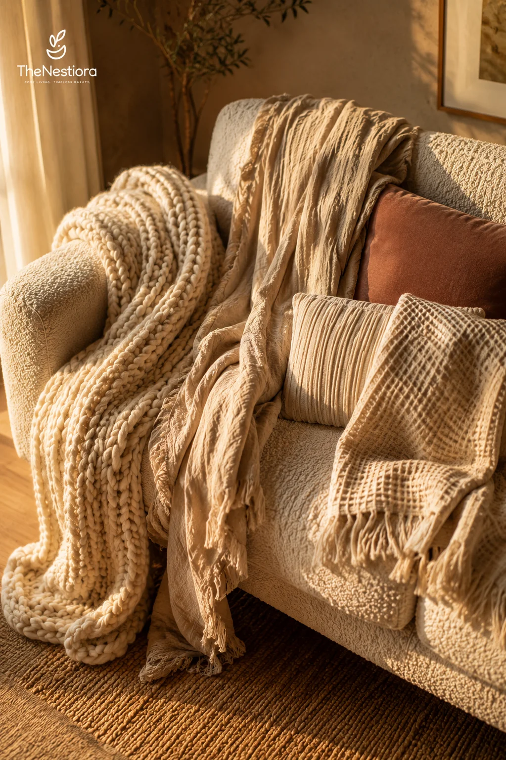Three throw blankets — chunky knit, washed linen, and waffle weave — draped with casual imperfection across a bouclé sofa